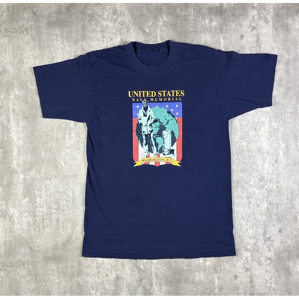 Vintage 90s US Navy Memorial T Shirt Navy Blue XL Heavyweight USA Military